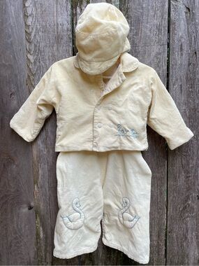 True vintage pale yellow Baby Corduroy 3-Piece Outfit with Swan Embroidery